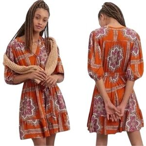 PORRIDGE Anthropologie Women’s Sz M Orange Paisley Puff Sleeve Full Skirt Dress
